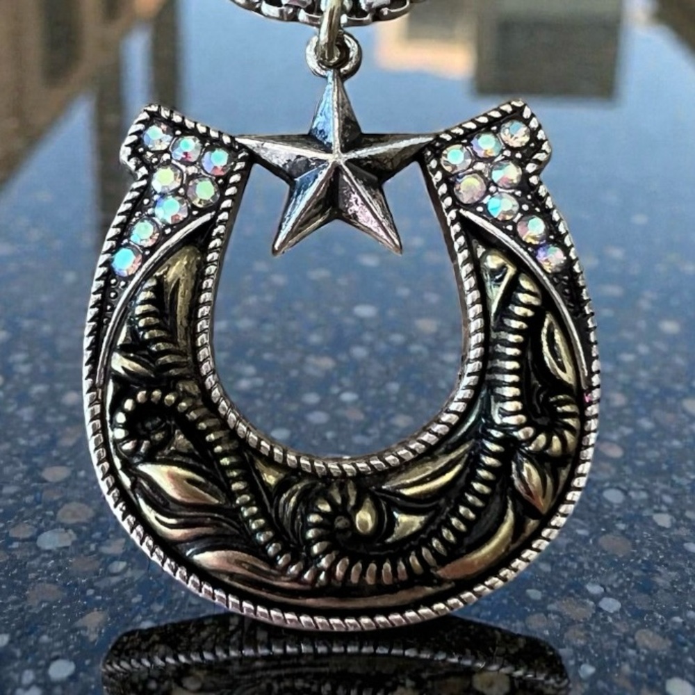 Silver and Gold Toned Horseshoe Necklace with Star Accent on a 24” chain - Picture 15 of 17